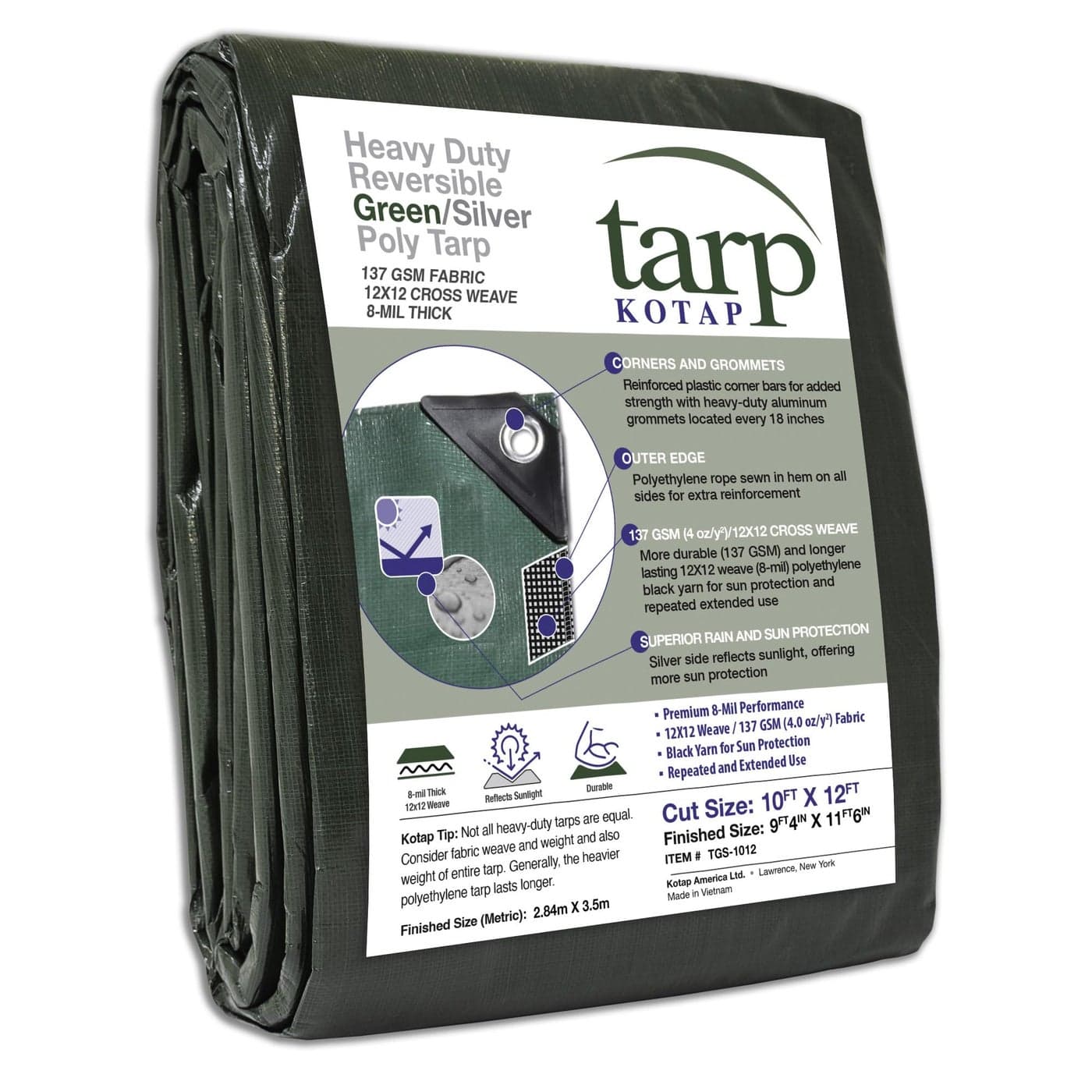 Kotap 10 x 12 Ft HeavyDuty ProtectionCoverage Tarp 8mil Reversible MultiUse Waterproof GreenSilver 1Pack TGS1012