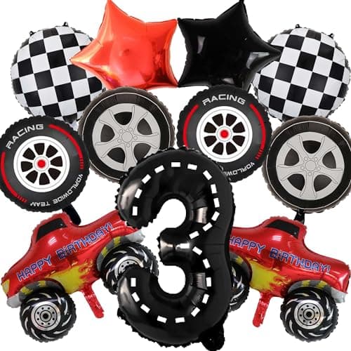 Monster Truck Balloons Party Decorations 11 Pcs Black Birthday Number 3 Foil Tire Balloons For Boys Girls 3rd Birthday Race Car Theme Party Supplies