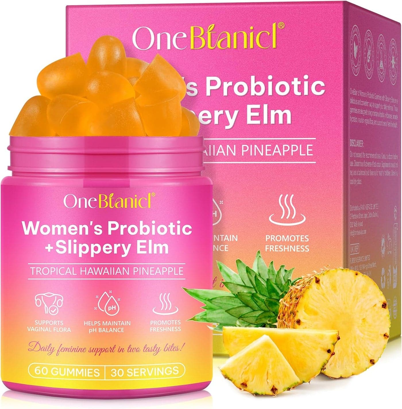 Feminine Probiotics Gummies with Slippery Elm Pineapple Gummies for Women ph Balance Vaginal Probiotics Supports Flora Gut Health Immune System Prebiotics Lactobacillus Blend 60 Gummies