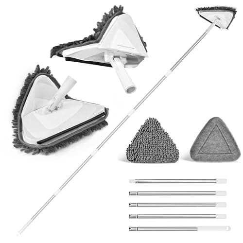 JEHONN Wall Mop with Long Handle 80 inches, Upgraded 180° Collapsible Baseboard Cleaner Tool with Squeegee, Ceiling Duster with 1 Microfiber and 1 Chenille Pad for Cleaning Window, Cabinet (White)