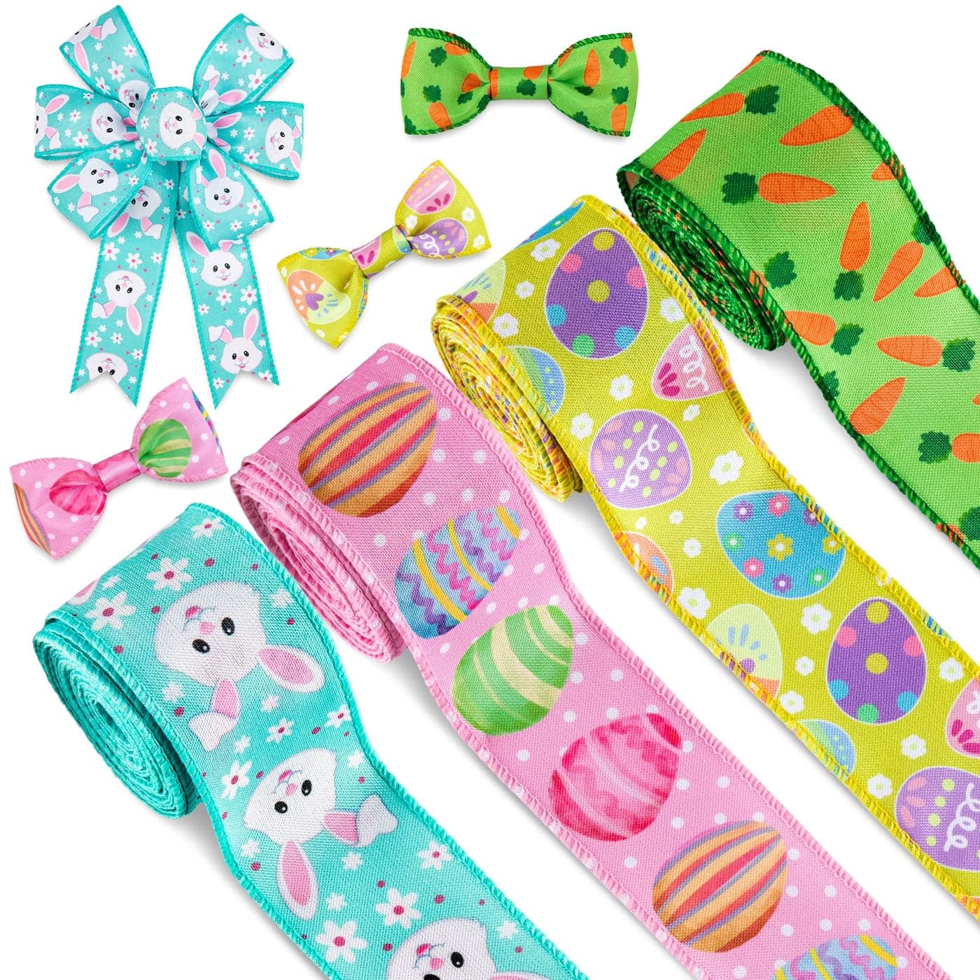 Whaline Easter Wired Edge Ribbon 30 Yard Easter Egg Bunny Rabbit Carrot Ribbon Pastel Spring Color Craft Ribbon Fabric Decorative Wrapping Ribbon Roll for Gift Hair Bow Sewing Crafts Supplies 4 Roll