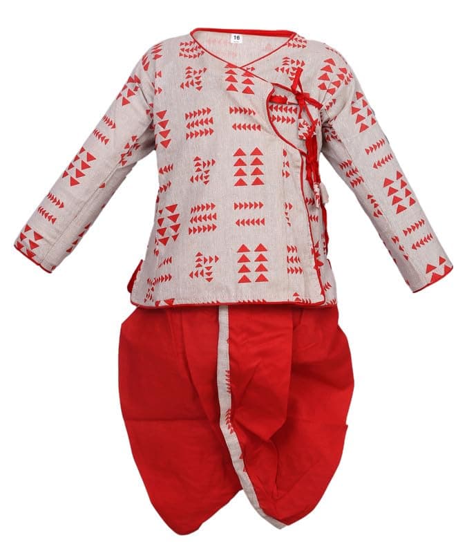 Zingle Boys Kids Ethnic Traditonal Design Pure Cotton Dhoti Kurta Set|Full Sleeves Dhoti Dress Set for Casual|Festival|Occasional-White&Red6 Months - 9 Months