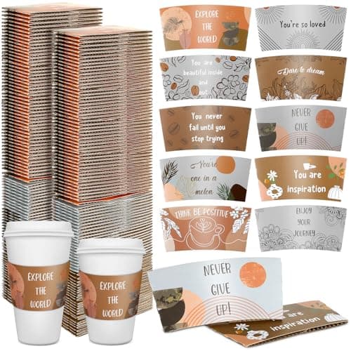 Dingion 200 Pack Coffee Cup Sleeves Corrugated Cardboard Motivational Disposable Sleeve for Inspiring Cold or Hot Beverage Chocolate Coffee Tea, Fits 12oz 16oz Paper Cups