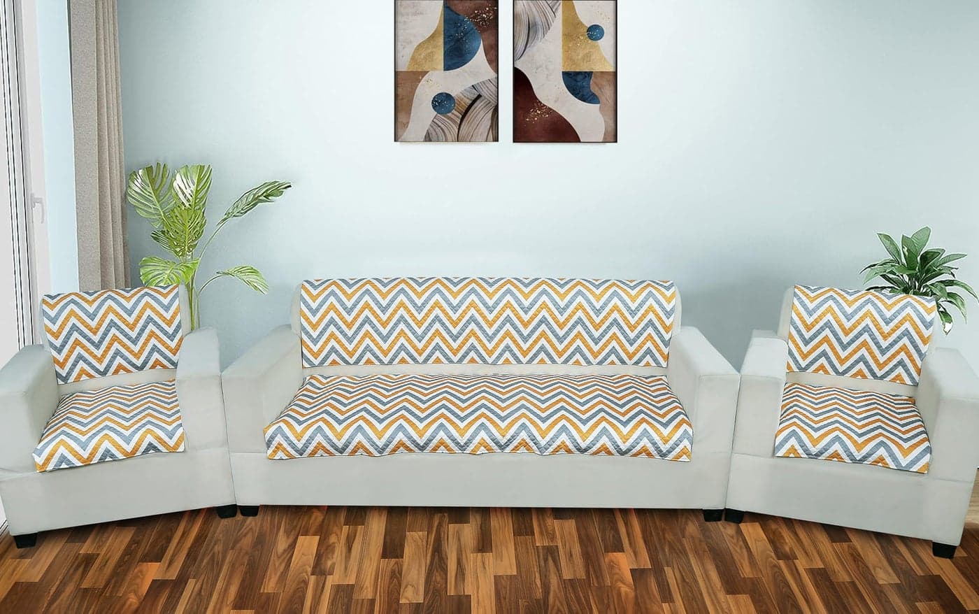 AMAZE ATTIRES Velvet Printed Sofa Seat Cover for 5 Seater with Heavy Antiskid Backing & Machine Washable Sofa Seat Runner for Couch - (27x24 Inches - 4 Pieces, 27x72 Inches - 2 Piece) Yellow Zigzag