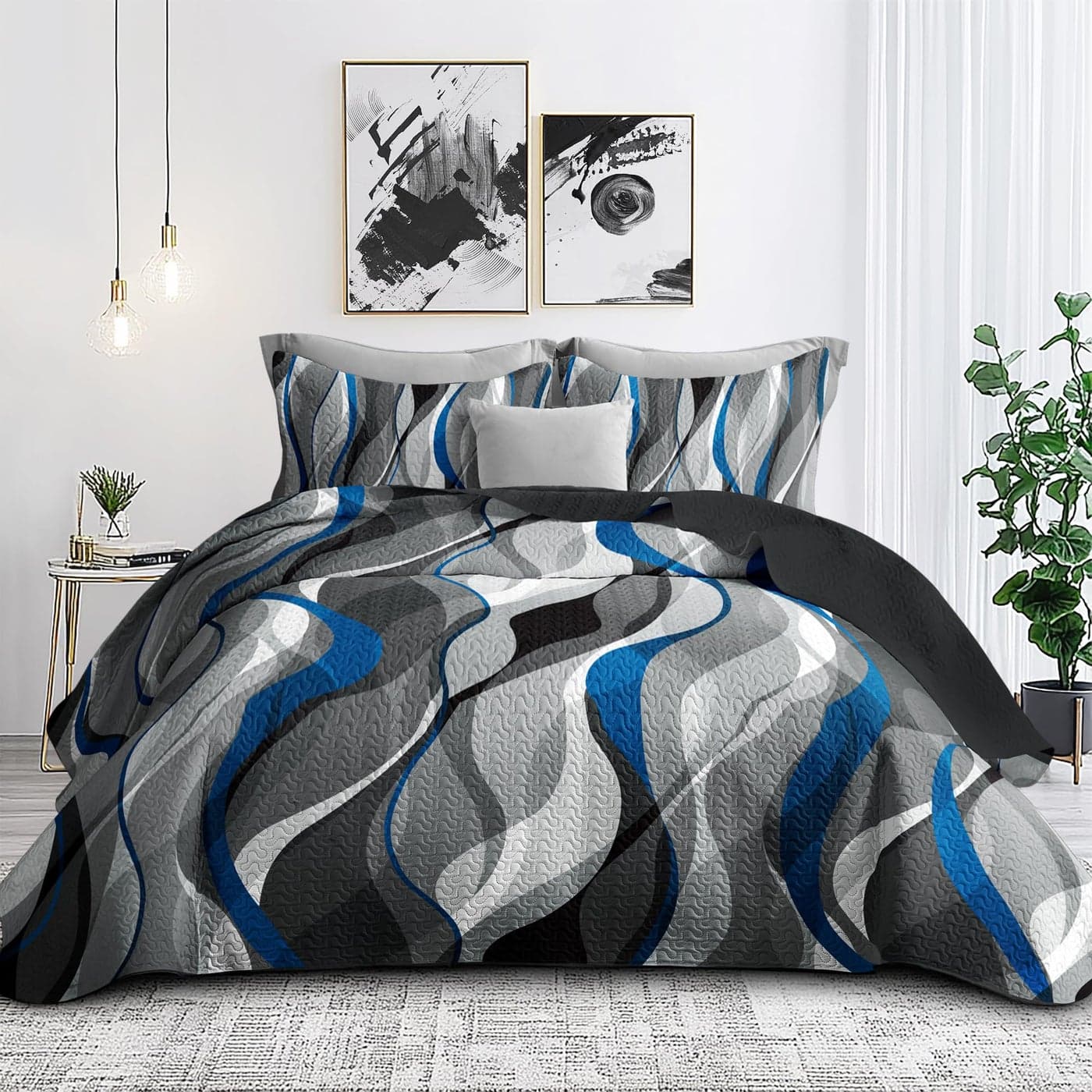 Classic Line Pattern Bedding Quilt King Size Modern Grey Blue and White Stripe Quilt with 2 Shams Gray and Blue Comforter Sets Lightweight Breathable Bedspreads Coverlet 96x106