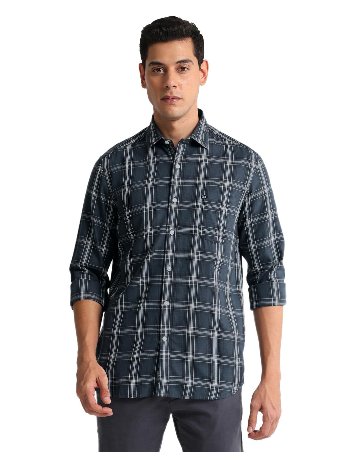Arrow Men's Checkered Full Sleeve Slim Fit Cutaway Collar Cotton Casual Shirt Grey