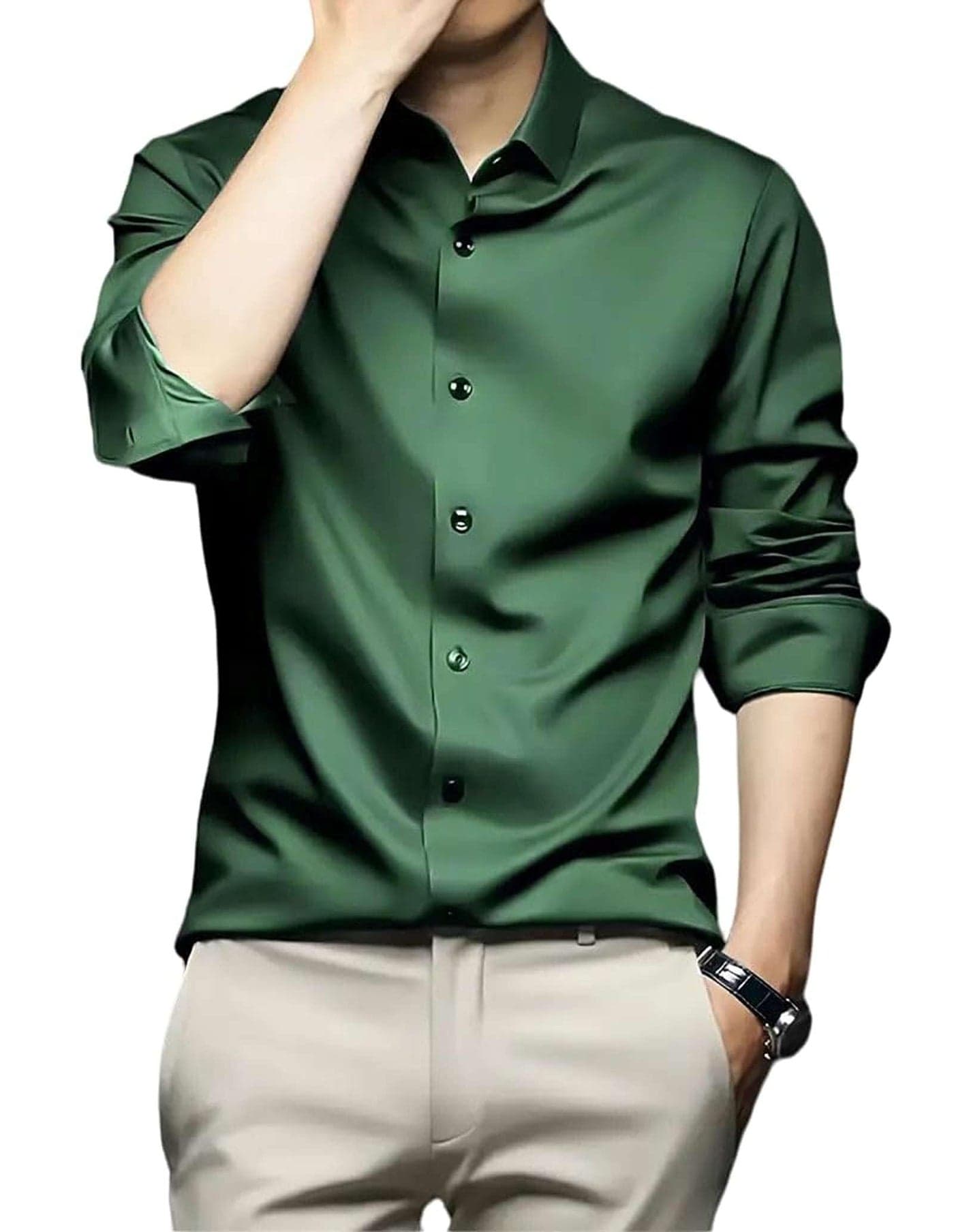 IndoPrimo Men's Stylish Solid Satin Casual Shirt for Men Full Sleeve (in, Alpha, 2XL, Green)