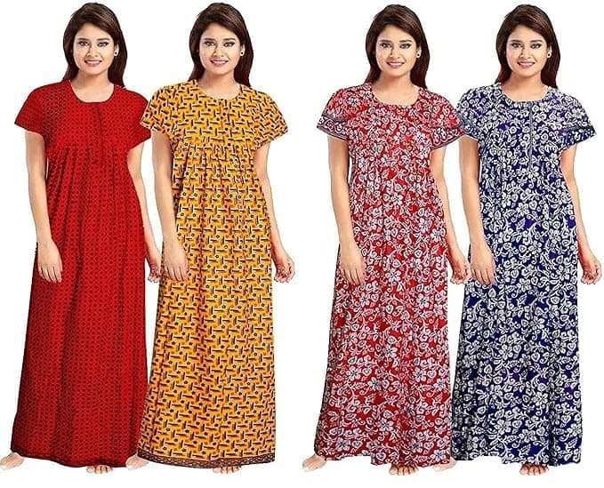 KBNBJ Nighty for Women Cotton Printed Maxi Gown Ankle Length Nighty Night Dress Gown for Women Maxi - Free Size (Pack of 4) (Free Size, Red,Yellow&LightRed,LightBlue)