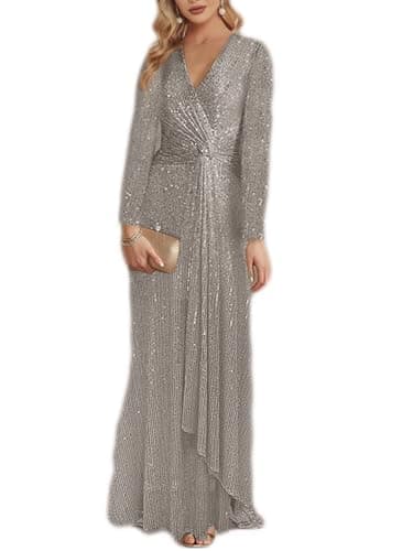 meilun Grey Long Sleeve Sequin Dress for Women Formal Evening Gowns Sparkly V Neck Maxi Dress for Wedding Guest,S