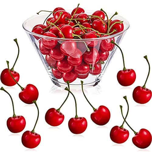 Skylety 50 Pieces Fake Cherries Artificial Fruit Decorations Red Simulation Cherry Fake Fruit Model for Party Decor Home Kitchen Cabinet Photography Prop Cognitive Favors