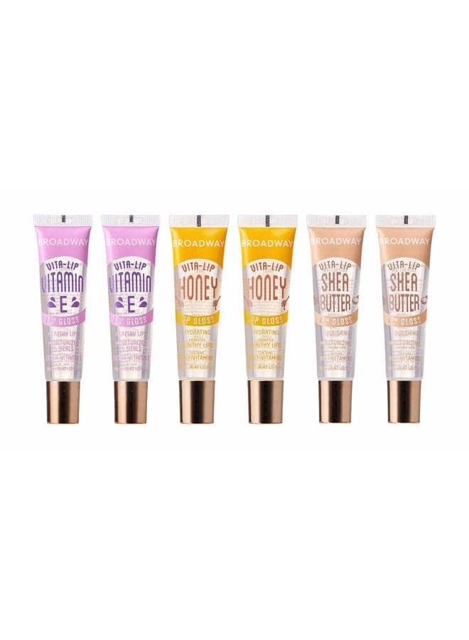6 pcs Broadway Vita-Lip Gloss High Shine Long Lasting 2 Honey + 2 SHEA BUTTER + 2 Vitamin E Oil by RubyKisses Cosmetics