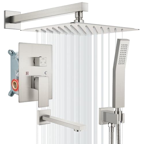 gotonovo Shower System with Tub Spout Wall Mounted Rain Shower Head and Handle Combo Shower Faucet Set with Valve, 12 Inch, Brushed Nickel