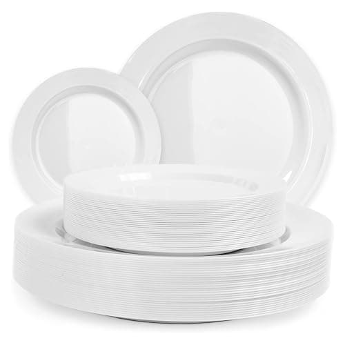 Pack of 60 White Plastic Plates - Aya's Heavy Duty Disposable Set of 30 Dinner and 30 Salad Plates - Durable Round Plastic Dinnerware Set for Parties and Events