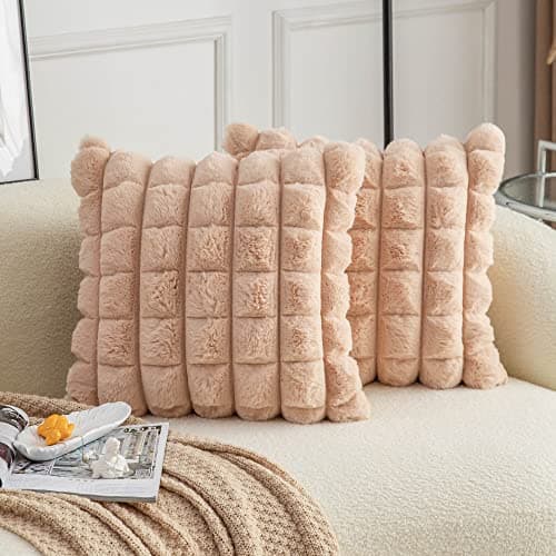 Neelvin Camel Faux Fur Cozy Soft Plaid Decorative Throw Pillow Covers 18x18 inch Set of 2Velvet Pillowcase Cushion Case for Sofa Couch