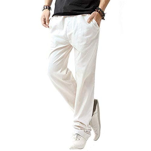 SIR7 Men's Linen Casual Lightweight Drawstrintg Elastic Waist Summer Beach Pants White 2L