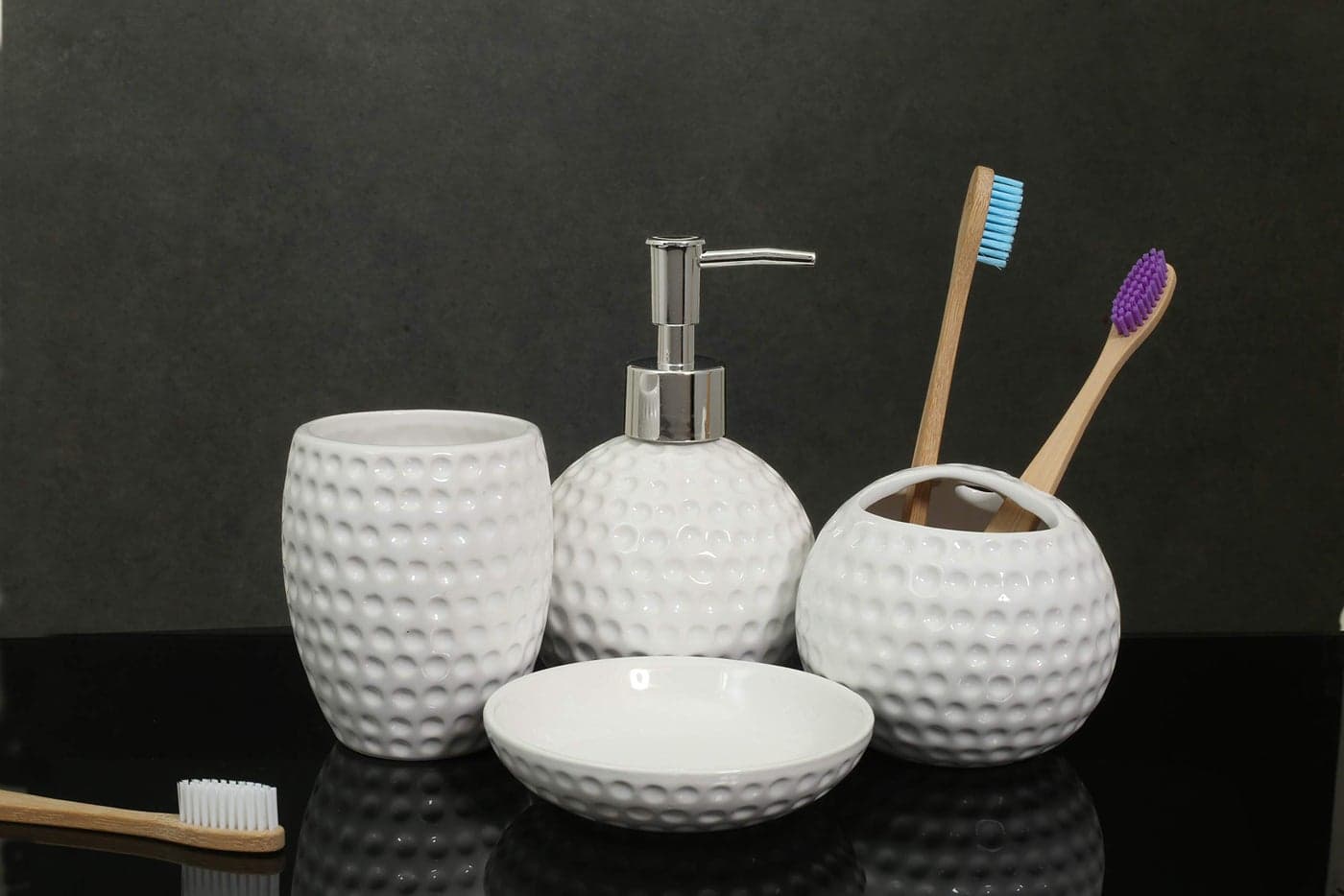 Whizzo Ceramic Honeycomb Shape 4 Pieces Bathroom Set Liquid Dispenser, Toothbrush Holder, Soap Dish, Tumbler Holder (White)
