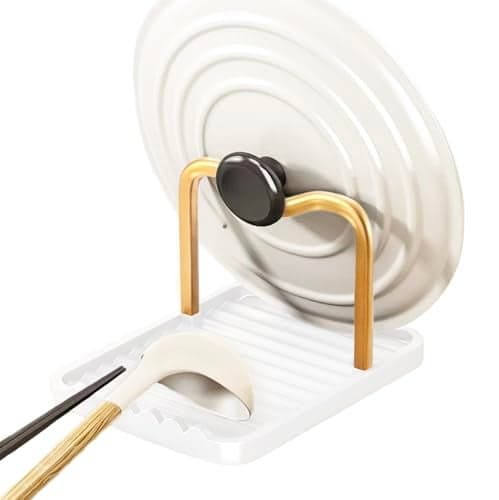 Anti-Rust Metal Spoon Rest with Lid Holder, Heat-Resistant Pot Lid Rest, Multifunctional Spatula Holder While Cooking for Stovetop and Kitchen Counter – Gold White