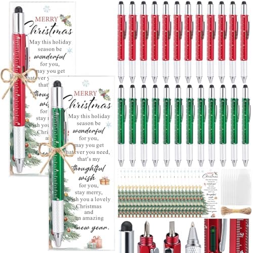 Pajean 24 Set Christmas Gifts Bulk for Men 6 in 1 Multi Tool Pens with Ruler Level Stylus Screwdriver Christmas Bookmark Card for Men Dad Husband Staff Coworker Church Xmas Holiday Party FavorsXmas