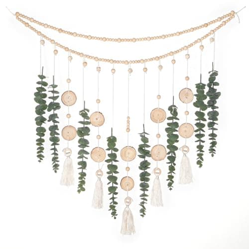 Artificial Hanging Eucalyptus Wall Decor Fake Greenery Leaves Wall Hanging Plants on Long Wooden Beads Garland Wall Art Large Boho Rustic Farmhouse Decor for Bathroom Bedroom Living Room Sage Green