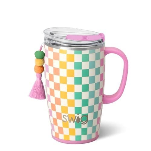 Swig Life 18oz Travel Mug Insulated Tumbler with Handle and Lid Cup Holder Friendly Dishwasher Safe Stainless Steel Checkered Tumbler with Handle Check Mate