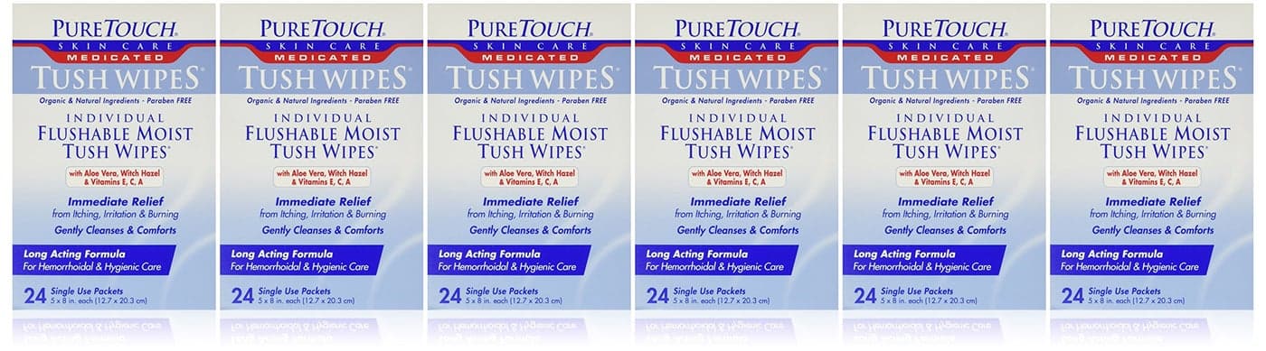 PureTouch MEDICATED Tush Wipes for adults 24 Individual Flushable Moist Wipes/ 6 boxes144 Single-Use-Packets
