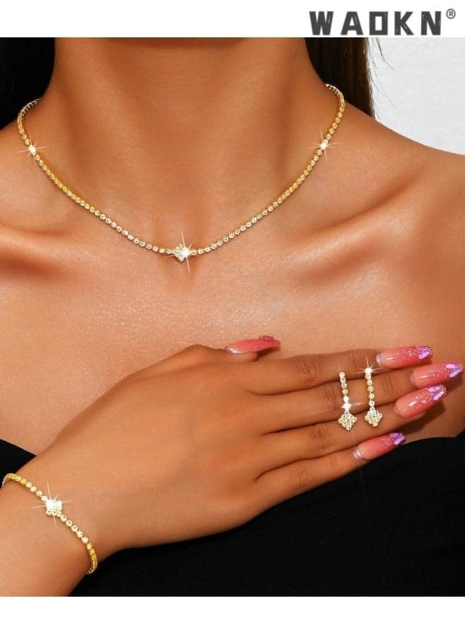 3pcs Rhinestones Bridal Wedding Jewelry Sets Sparkly Necklace Earrings Bracelet Set Prom Formal Jewelry for Brides and Women, suitable for daily , shopping , appointment , abd wedding , for women ,gold.
