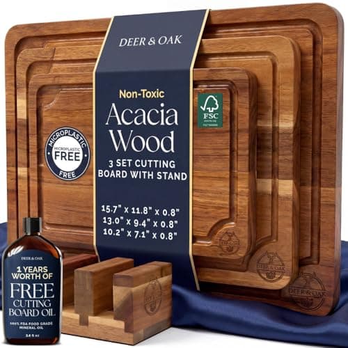 PreOiled Non Toxic 3Piece Acacia Cutting Board Set with Stand FSC Certified Wooden Chopping Boards Includes 34 fl oz Chopping Board Oil 3 Wood Carving Boards for Home BBQ Kitchen Deer Oak