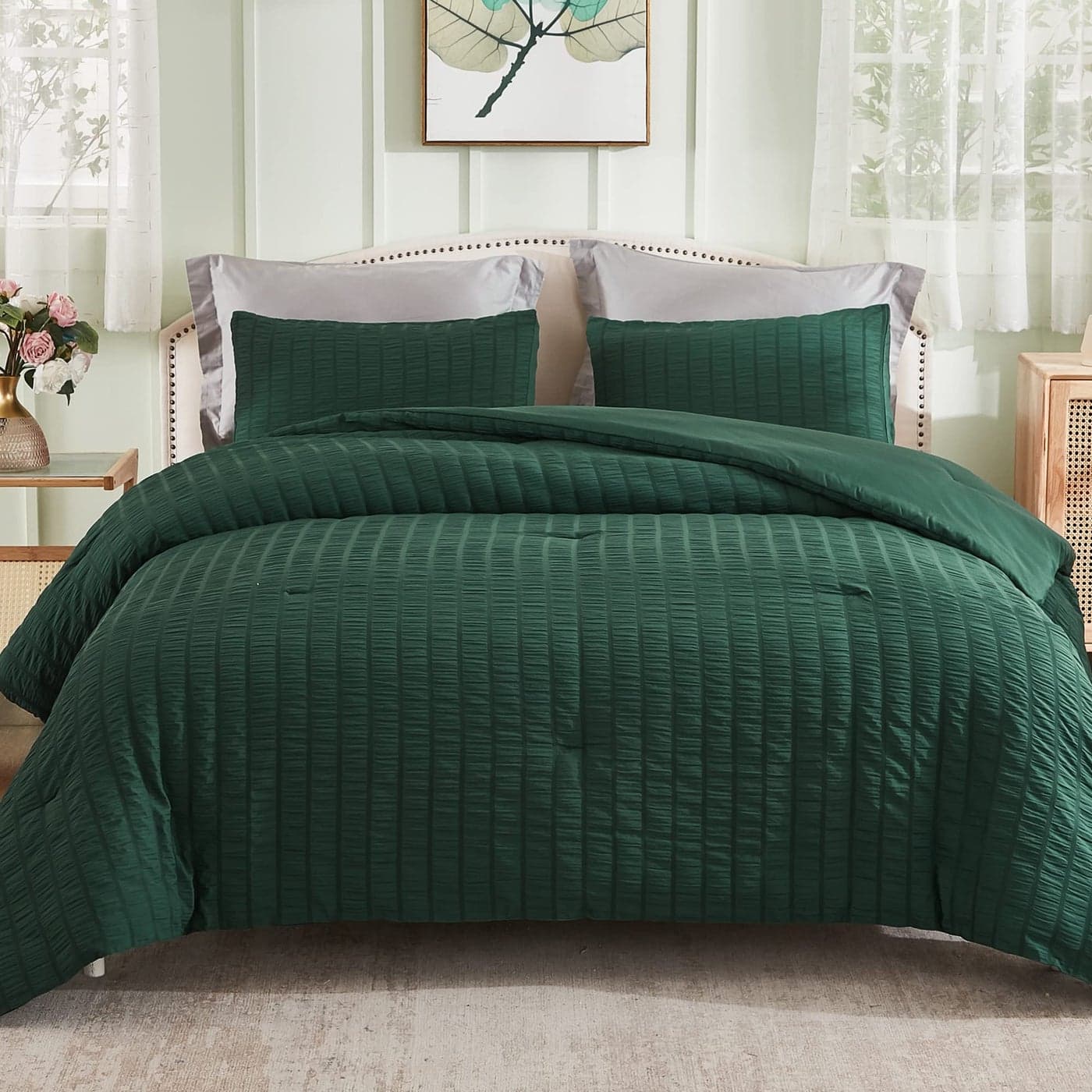 AveLom Dark Green Seersucker King Comforter Set 104x90 inches 3 Pieces100 Soft Washed Microfiber Lightweight Comforter with 2 Pillowcases All Season Down Alternative Comforter Set for Bedding