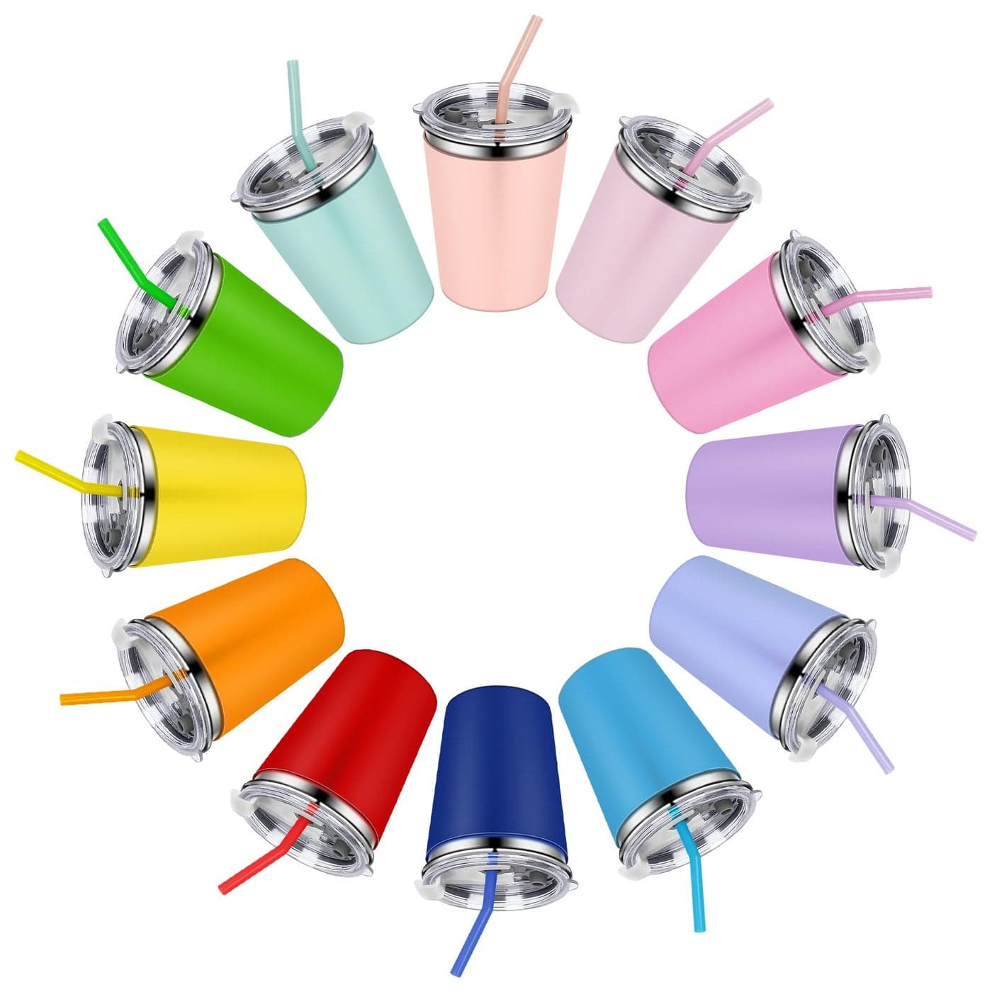 Rommeka 12 Pack Kids Cups Spill Proof 12oz Stainless Steel Sippy Cup with Straws and Lids Water Tumbler with Colorful Silicone Sleeves for Kdis and Adults