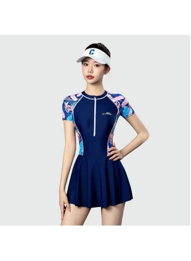 Swimsuit Women's Hot Spring 2023 Hot Style Fashion Sports Internet Popular Style Conservative Slim Special One-piece Skirt Swimsuit-Color:14130 Navy Blue Leaves-