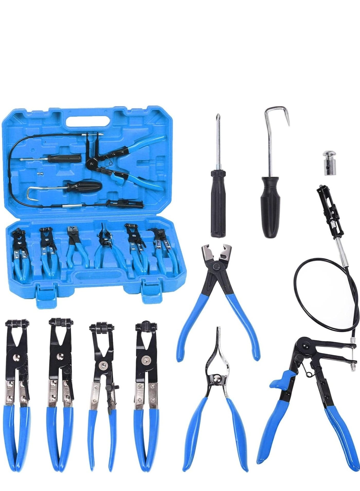 9Pcs Blue Flexible Hose Clamp Pliers Set, Long Reach Spring Wire Clip Plier Hose Clamp Pliers Remover Kit for Removal and Installation, for Replacement of Fuel, Oil, Water Hose Repair