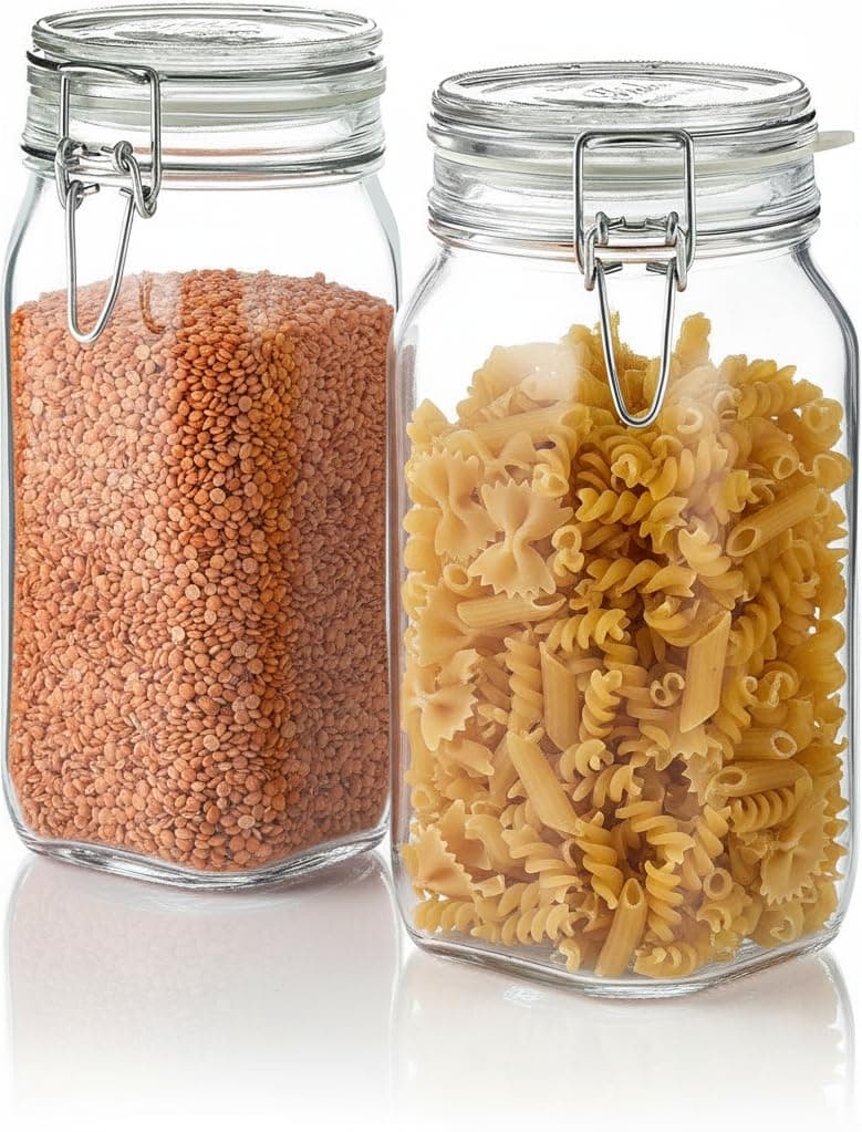 STAR WORK Square 1500 Ml Kitchen Dinning Glass Jars For Snack Pickle Grocery Grain Storage Buckle Clamp Lid Pack Of 2 Container,Transparent