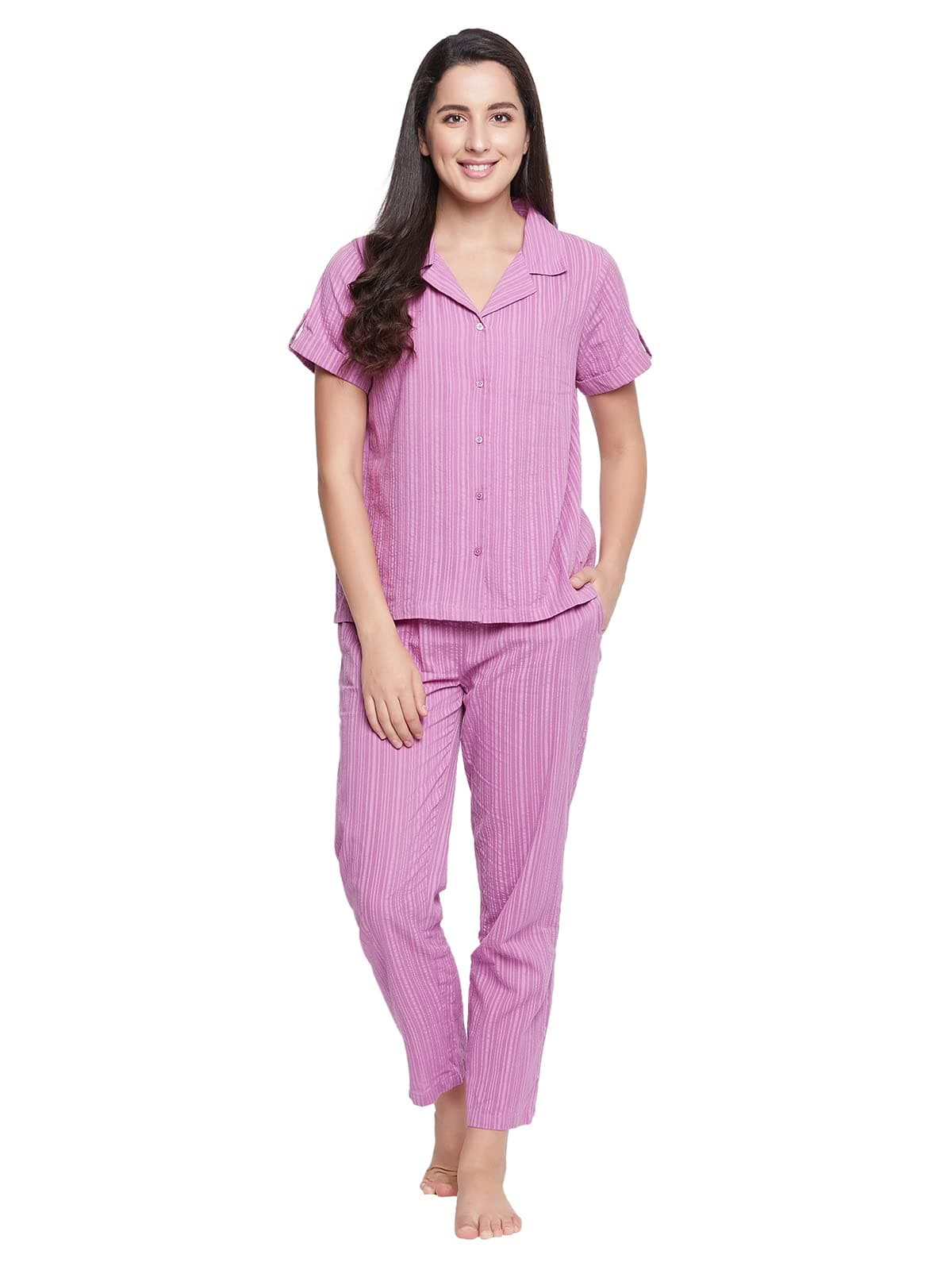 Clovia Women Rayon Blend Sassy Stripes Button Me Up Shirt & Pyjama Set (LS0385A15_Purple_M)