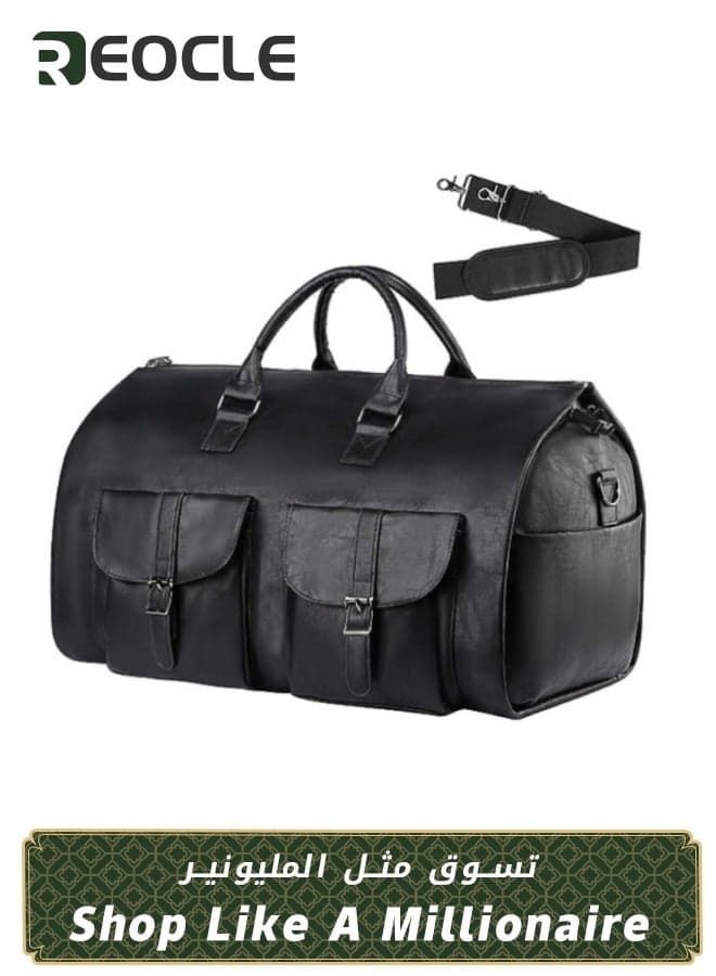 Travel Bag Carry On Garment Bag Convertible Garment Waterproof Large PU Leather Duffel Bag with Shoe Pouch 2 in 1 Hanging Suitcase Suit Travel Duffel Overnight Bags for Men & Women Black