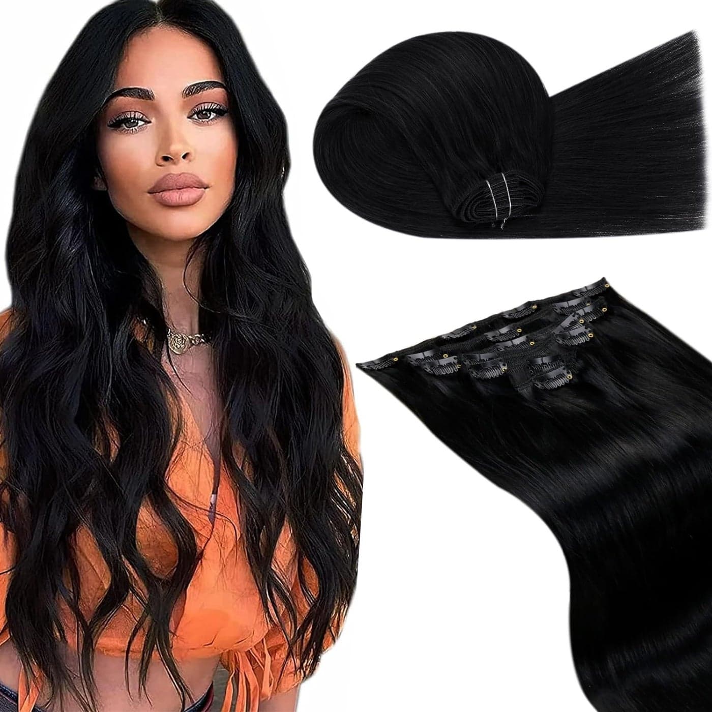 LaaVoo Human Hair Clip in Extensions Black Women Jet Black 20Inch Hair Extensions Clip ins Real Human Hair Black Natural Hair Extensions Clip ins Black Women Full Head Natural 7pcs 105g