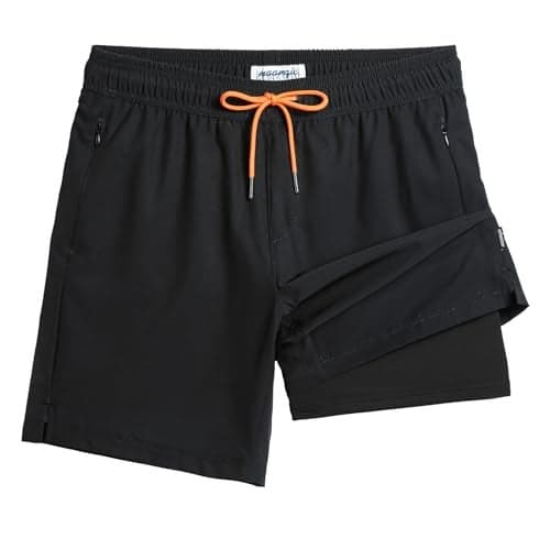 maamgic 2 in 1 Mens Swim Trunks 7 Inch Swim Shorts Swim Suits Board Shorts Black-Black Medium