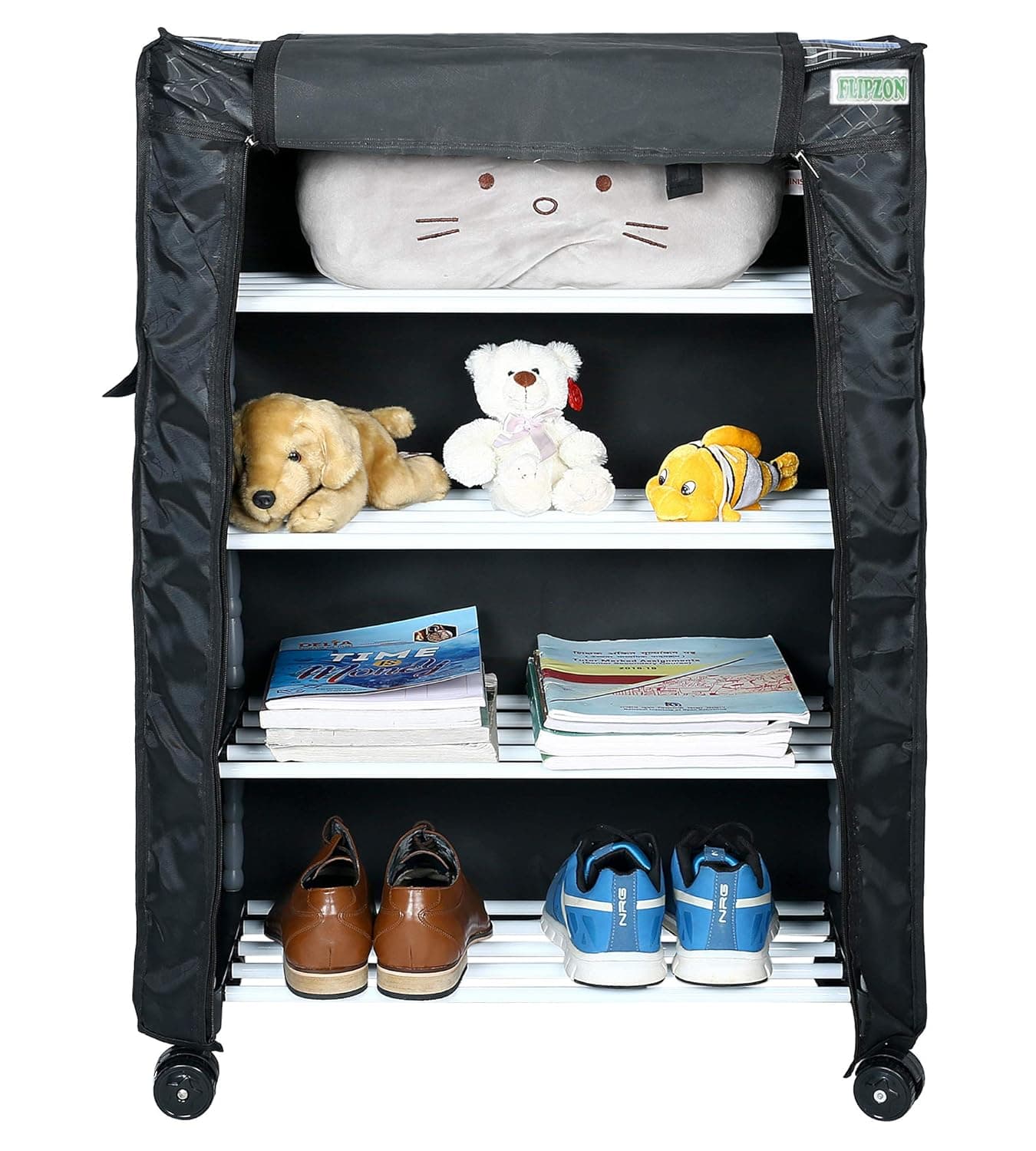 FLIPZON Multipurpose 4 Shelves/Layer Shoe Rack Organizer With Wheels&Dustproof Cover|Portable Smart Storage Rack Organizer With Zip Cover Easy To Move (Metal & Plastic,Multicolour),60 X 30 X85 cm