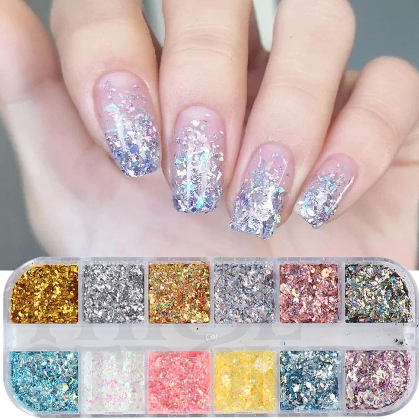 THR3E STROKES 2 Colors Glitter Nail Art Sequins Holographic Irregular Iridescent Shiny Nail Flakes Decorations 3D UltraThin Powder Nail Art Design for Women Manicure Sparkly Acrylic Supplies Resin Nail Art Tips D36