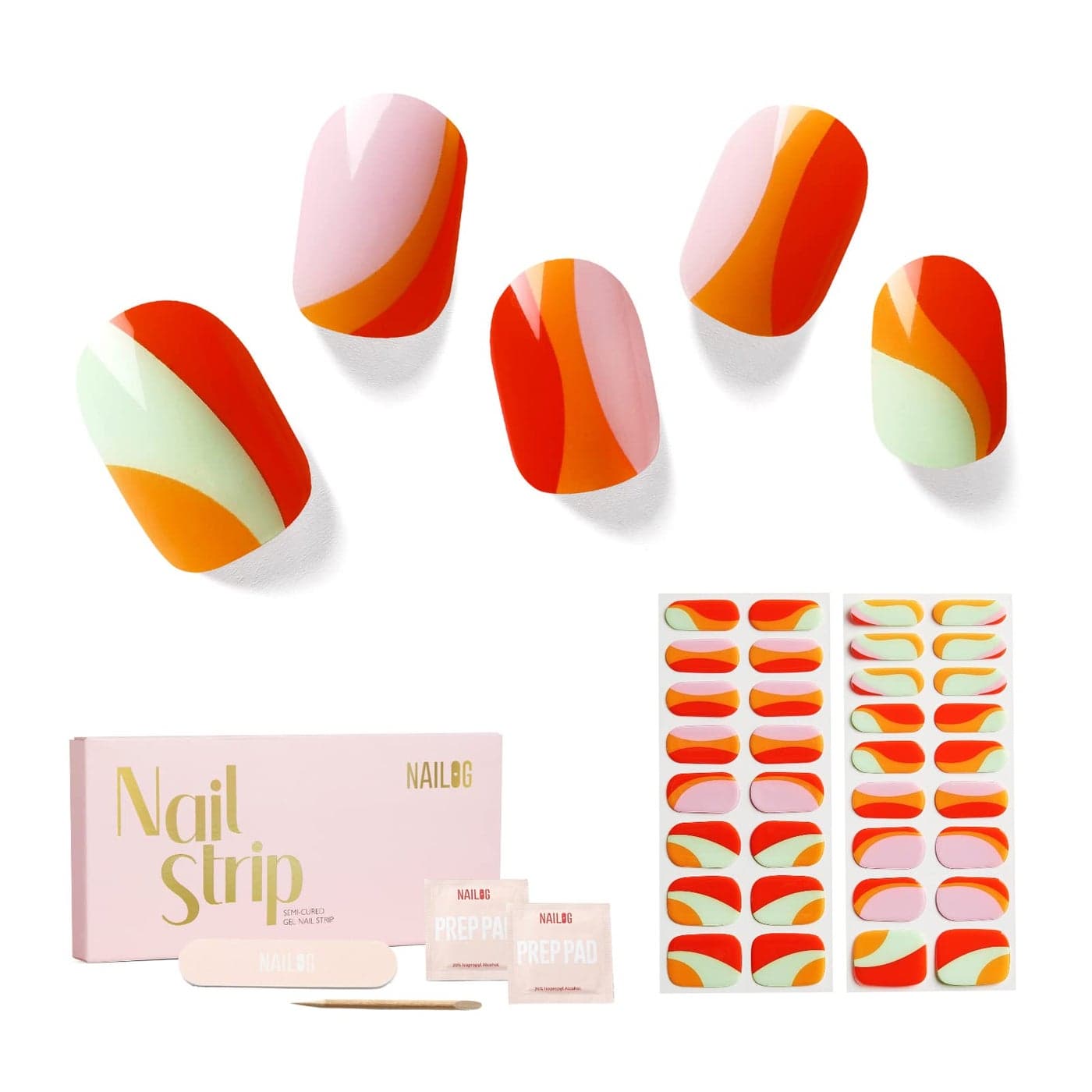 NAILOG Semi Cured Gel Nail Strips 34 pcs SalonQuality Gel Nail Stickers Long Lasting Nail Wraps for Women with Soft Gel Finish Lollipop