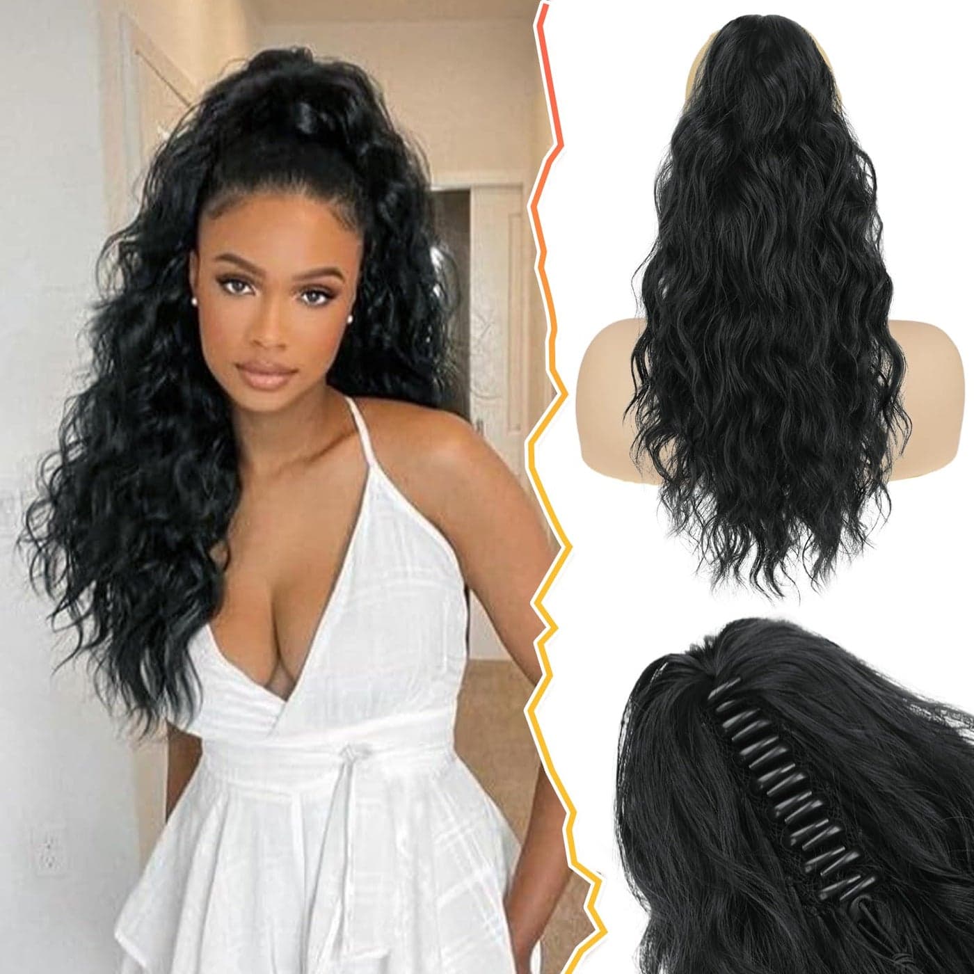 BARSDAR Black Ponytail Extension 18 Inch Claw Clip Ponytail Hair Extensions for Women Curly Wavy Multi Layered Clip in Ponytail Hairpieces Synthetic Fake Pony Tails Daily Party Natural Black