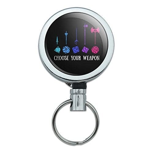 Choose Your Weapon Dungeon RPG Dice Heavy Duty Metal Retractable Reel ID Badge Key Card Tag Holder with Belt Clip