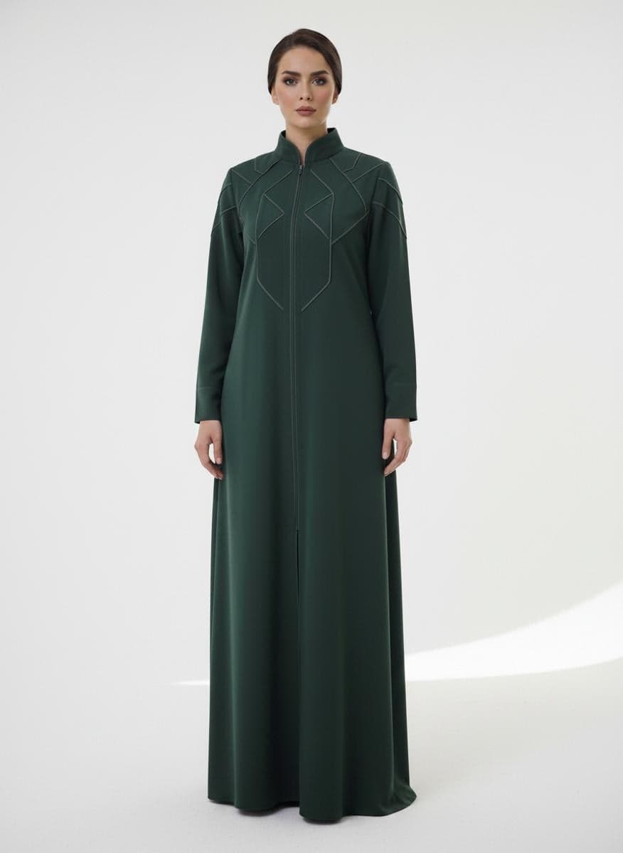 Geometric Panelled Design Green Abaya with Plain Chiffon Headscarf