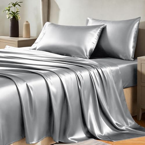 CozyLux Satin Sheets Twin XL Sheets 3 Piece Silky XL Twin Sheet Set Luxury Extra Long Light Grey Sheet with Smooth and Soft Microfiber Includes 1 Fitted Sheet 1 Flat Sheet and 1 Pillowcase