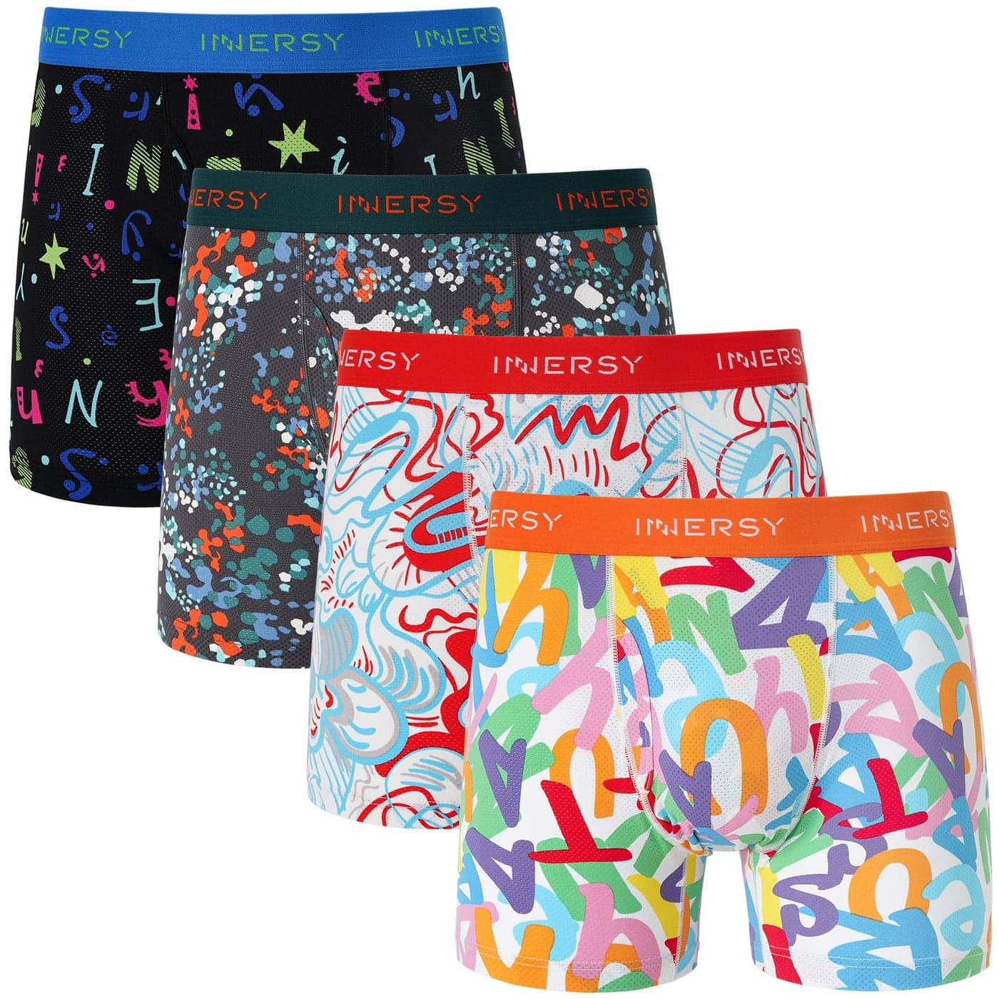 INNERSY Men's Mesh Boxer Briefs Cooling Breathable Sports Underwear W/Fly 4-Pack(Graffiti Art,Large)
