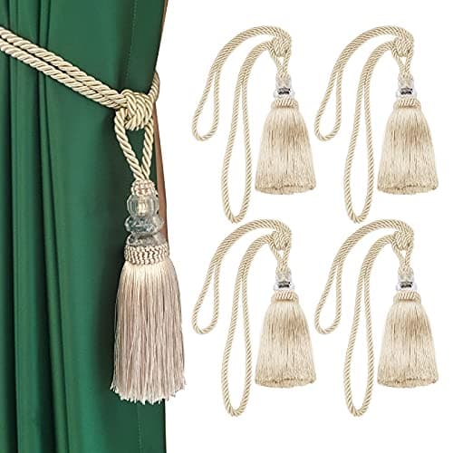 Fenghuangwu Tassel Curtain Tiebacks Handmade Curtain Tie Backs, Elegant Crystal Curtain Holdbacks for Home Office Decor (Beige, 4P)