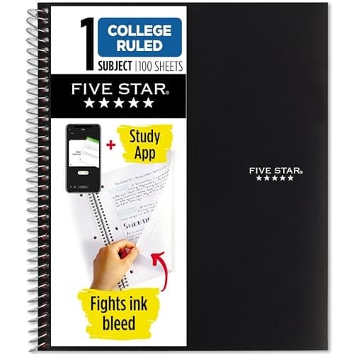 Five Star Spiral Notebook Plus Study App, 1 Subject, College Ruled Paper, 100 Sheets, 8-1/2" x 11", School, Black (72057)
