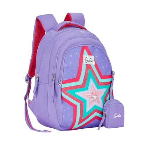 Genie Popstar School Backpack for Girls|15 In-20 Ltr with Three Compartments,Side Pockets and Light Weight with Padded Shoulders|Best for Books,Stationery,Lunch Box & Essentials-Lavendar,Lavender