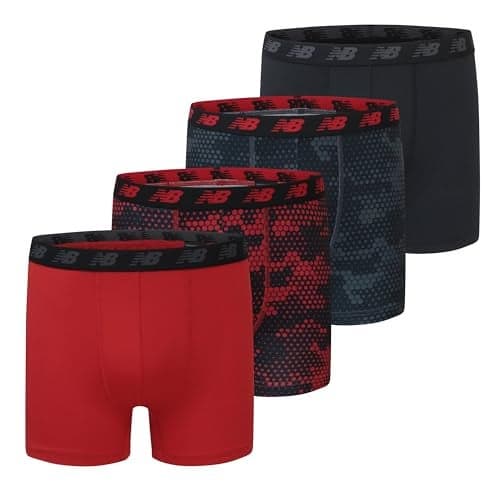 New Balance Boys' 3.5" Underwear, Performance Boxer Briefs (4 Pack), Magnet Print/Team Red/Black/Team Red Print, Small