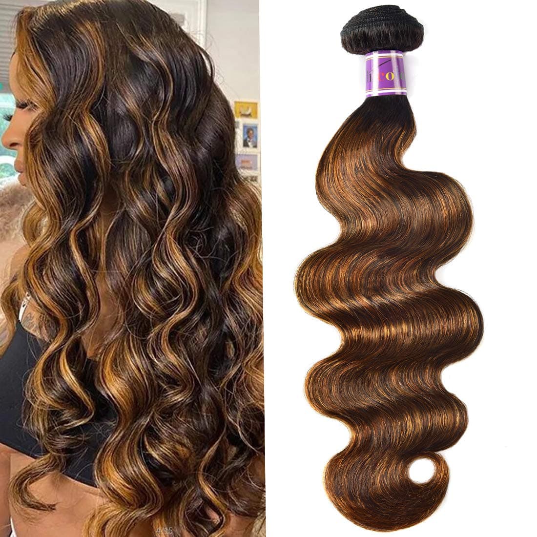 UNice Ombre Brown Highlight Body Wave Human Hair Weave 1 bundle 24 inch Brazilian Remy Hair Dark Root Blonde Human Hair Weaves Extension Piano Color TFB30