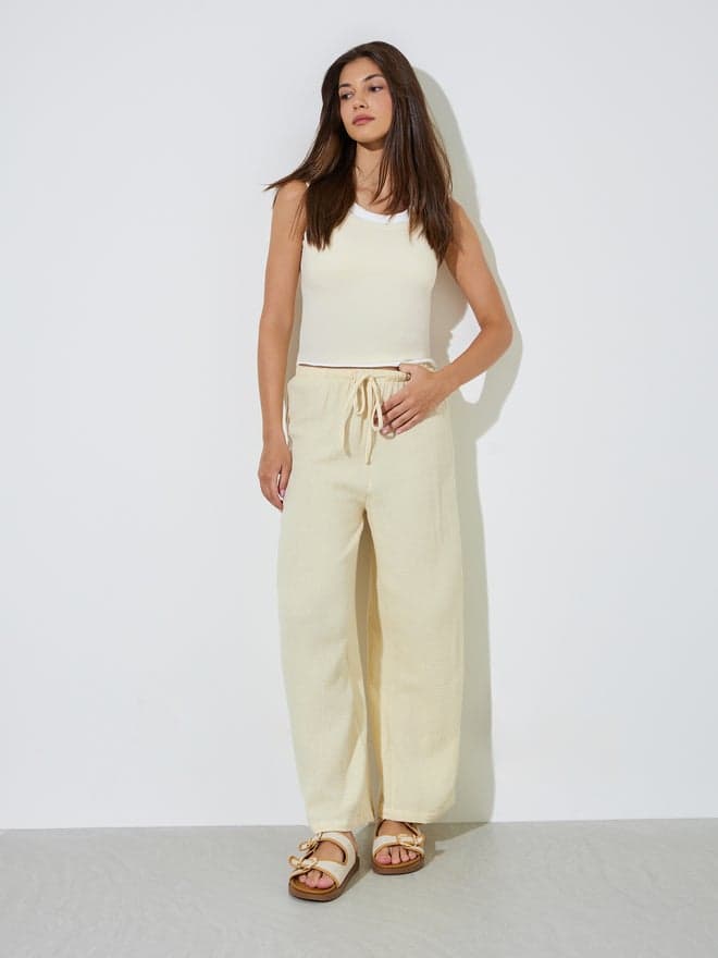 Styli Beige Cotton Wide Leg Pants with Drawcord